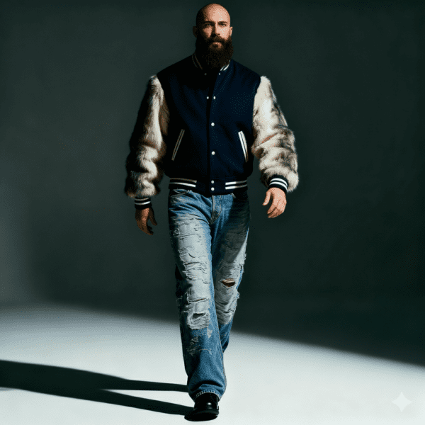 varsity jacket with fur sleeves